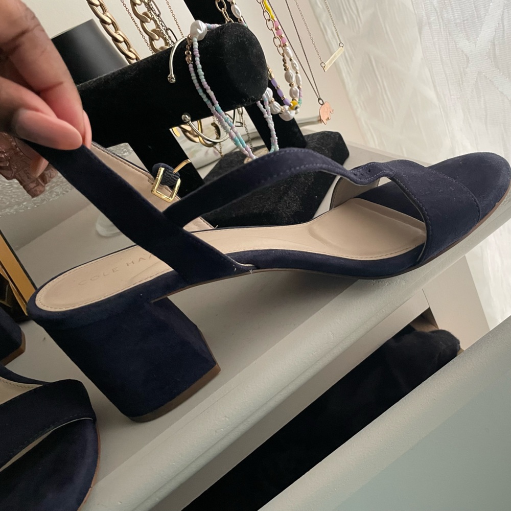 Comfy Navy Cole Haan Block Heel Sandals with arch support